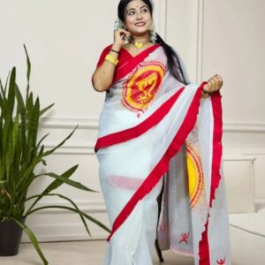 White & Red Classic Bengal Saree